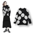 Smiley Face Print Sweater Black - One Size