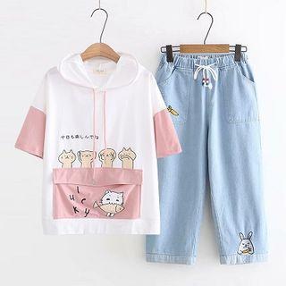 Short-sleeve Cat Print Hoodie / Animal Embroidered Harem Jeans / Set