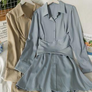 Tie-waist Puff-sleeve Midi Shirtdress