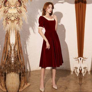 Short-sleeve Faux Pearl Trim Midi Cocktail Dress