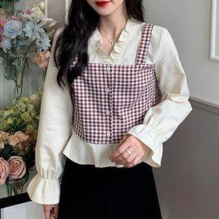 Long-sleeve Frill Trim Check Panel V-neck Blouse