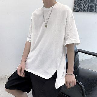 Plain Elbow-sleeve Slit-hem T-shirt