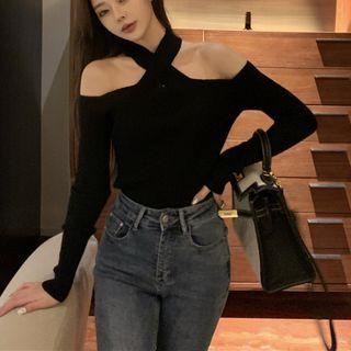 Long-sleeve Halter-neck Knit Top Black - One Size