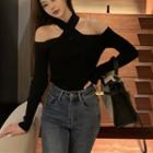 Long-sleeve Halter-neck Knit Top Black - One Size