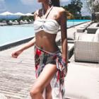 Set Of 3: Printed Cover-up + Tie-neck Bikini Top + Printed Swim Skirt