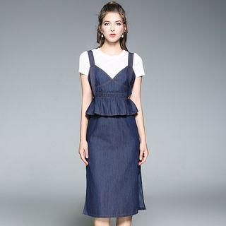 Set: Plain Short Sleeve T-shirt + Midi Dungaree Dress