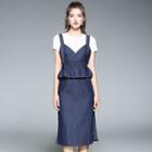 Set: Plain Short Sleeve T-shirt + Midi Dungaree Dress