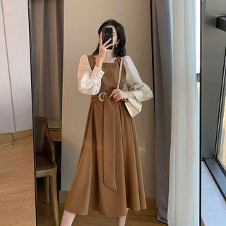 Elbow-sleeve Belted Midi A-line Dress