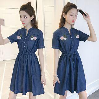 Embroidered Short-sleeve Drawstring Waist Denim Dress