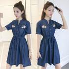 Embroidered Short-sleeve Drawstring Waist Denim Dress