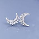 925 Sterling Silver Rhinestone Moon Shape Earring Platinum Plated - One Size
