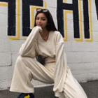 Set: V-neck Cropped Knit Top + Wide-leg Pants