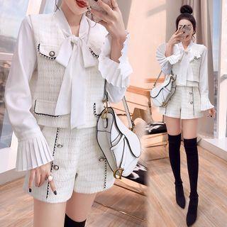 Set: Tie-neck Blouse + Tweed Buttoned Vest + Shorts