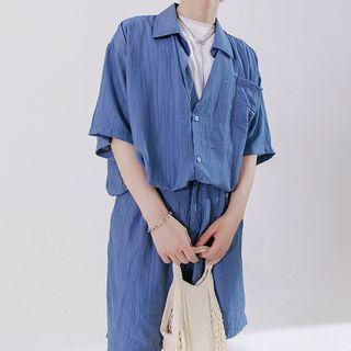 Pocket Front Crinkled Short Sleeve Shirt / Wide Leg Shorts