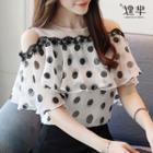 Short-sleeve Cold Shoulder Dotted Chiffon Blouse