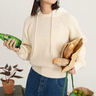 Ribbed Knit Cropped Hoodie Almond - One Size