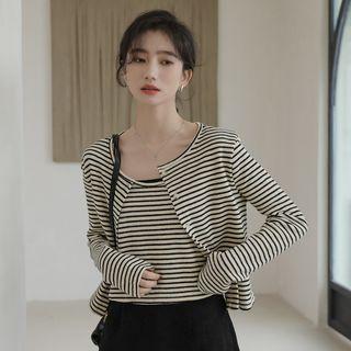 Set: Long-sleeve Striped Button-up Top + Camisole Top