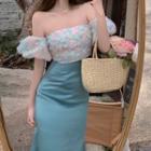 Puff-sleeve Off-shoulder Floral Applique Top / Midi Pencil Skirt