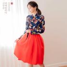 Modern Hanbok Floral Top & Chiffon Skirt 3 Pieces Set
