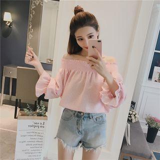Gingham Off-shoulder 3/4-sleeve Blouse