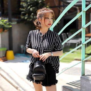 Mandarin-collar Dual-pocket Stripe Shirt