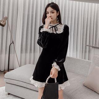 Long-sleeve Lace Panel Velvet Mini A-line Dress