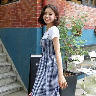 Set: Round-neck T-shirt + Gingham Pinafore Dress