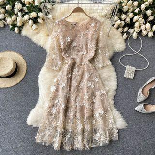 Round-neck Embroidered Petal-accent Mesh Dress