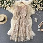 Round-neck Embroidered Petal-accent Mesh Dress