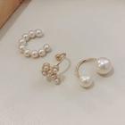 Set Of 3: Faux Pearl Cuff Earring Set Of 3 - Gold - One Size