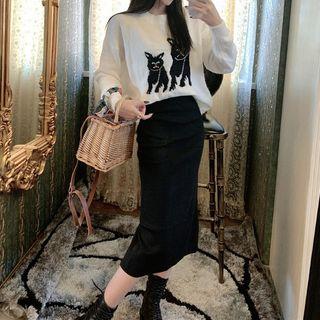 Cat Embroidered Sweater / Midi Knit Skirt