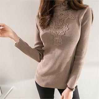 Lettuce-edge Mock-neck Lace-panel Knit Top