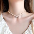 Bow Faux Pearl Choker / Earring / Set