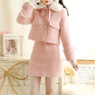 Set: Fleece Collared Beaded Jacket + A-line Skirt