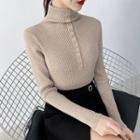 Long-sleeve Button-up Turtleneck Knit Top