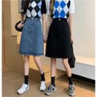 Medium Long Slit-hem Denim Skirt