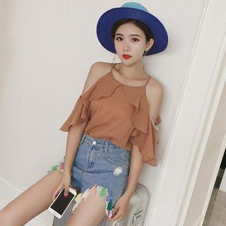 Frilled Cold Shoulder Elbow-sleeve Chiffon Top