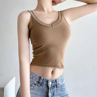 Sleeveless V-neck Plain Crop Tank Top