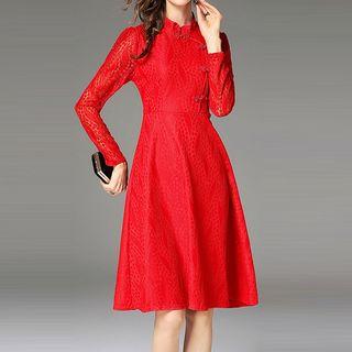 Long-sleeve Mandarin Collar A-line Dress