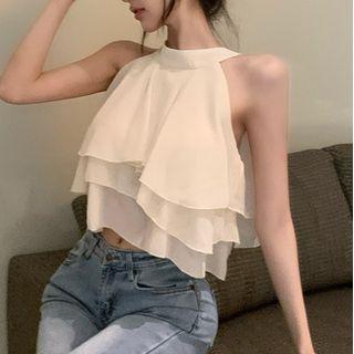 Layered Flowy Cropped Camisole Top Almond - One Size