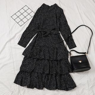 Stand Collar Floral Print Layered Dress
