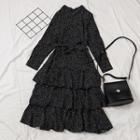 Stand Collar Floral Print Layered Dress