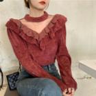 Mesh Panel Ruffled Blouse 6072 - Maroon - One Size