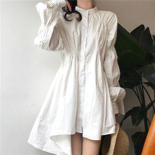 Shirred Mock-neck Irregular Long-sleeve Shirt Dress White - One Size