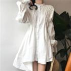 Shirred Mock-neck Irregular Long-sleeve Shirt Dress White - One Size