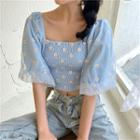 Puff-sleeve Floral Shirred Crop Top