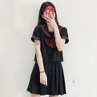 Contrast Trim Short-sleeve Blouse / Midi Accordion Pleat Skirt / Bow Tie / Set