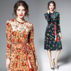 Floral Print Velvet Long-sleeve A-line Midi Dress