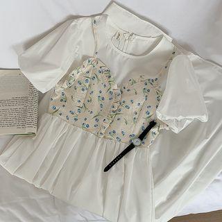 Short-sleeve Floral Panel Midi A-line Dress White - One Size