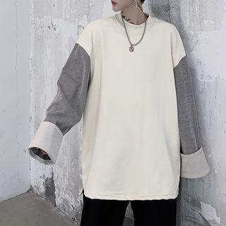 Pinstripe Panel Fleece-lined Oversize Pullover